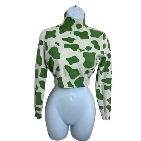 Zara Crop Sweater Sz Small Green Cream Cow Print Mock Neck Top Long-Sleeve - Picture 7 of 7